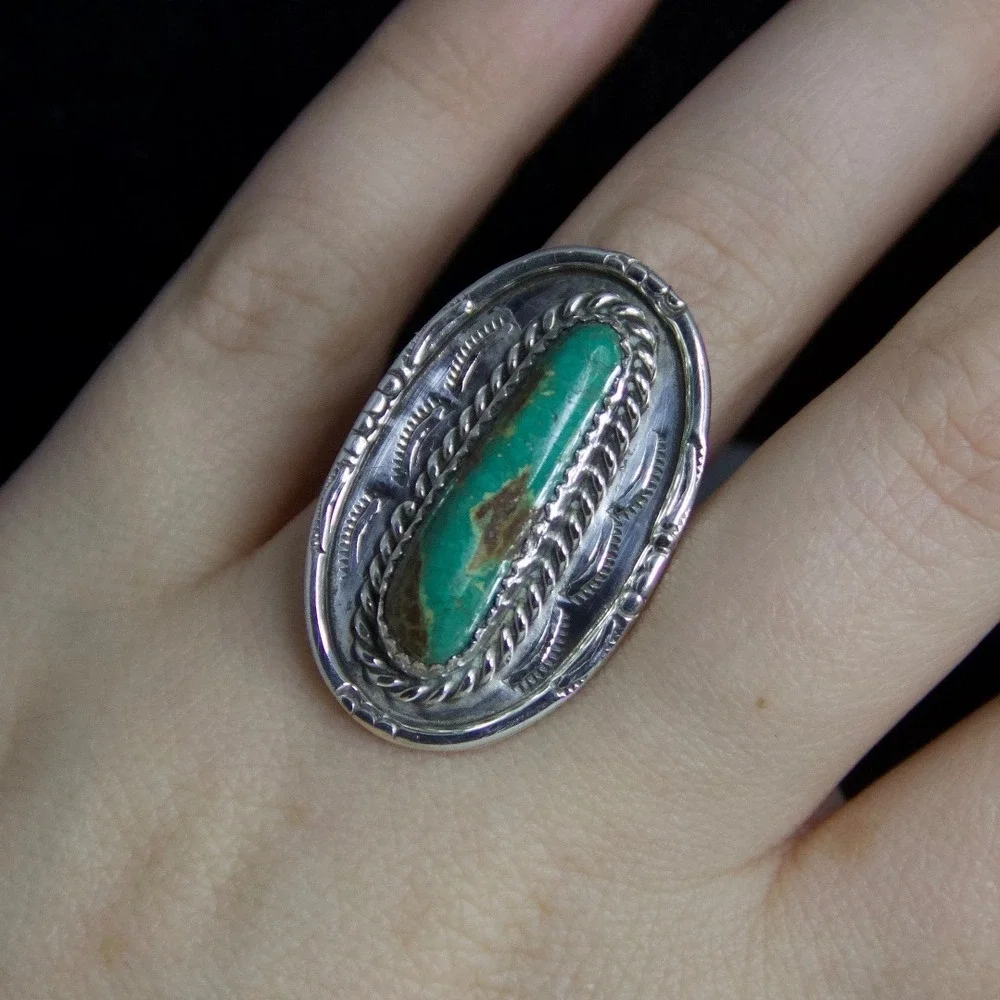 Vintage Navajo Sterling Silver Turquoise Stamped Oval Ring, Size 6.5 Hallmarked